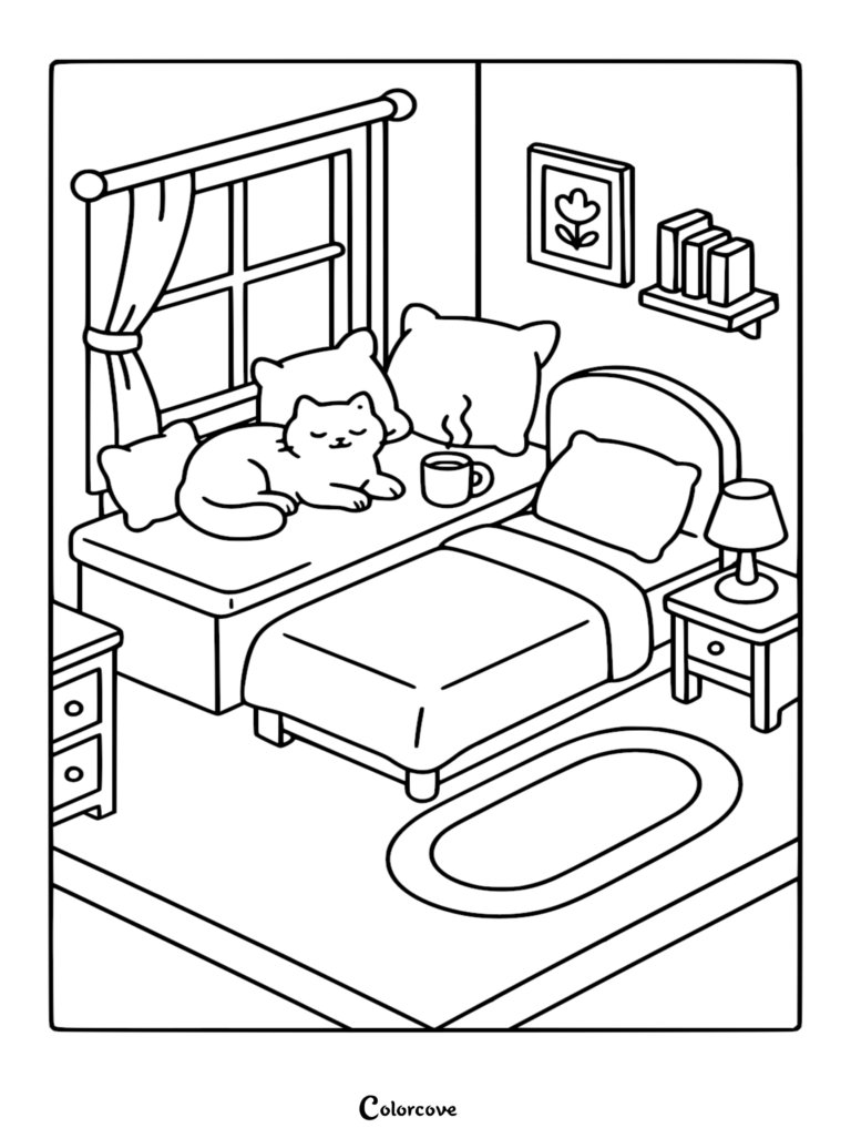 A cozy bedroom coloring page featuring a cat sleeping on a window seat next to a steaming mug of coffee, with a bed, nightstand, and wall art.