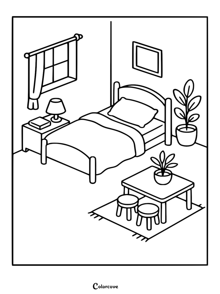 A cozy bedroom coloring page featuring a bed, nightstand with lamp, a small table with stools on a rug, and potted plants.