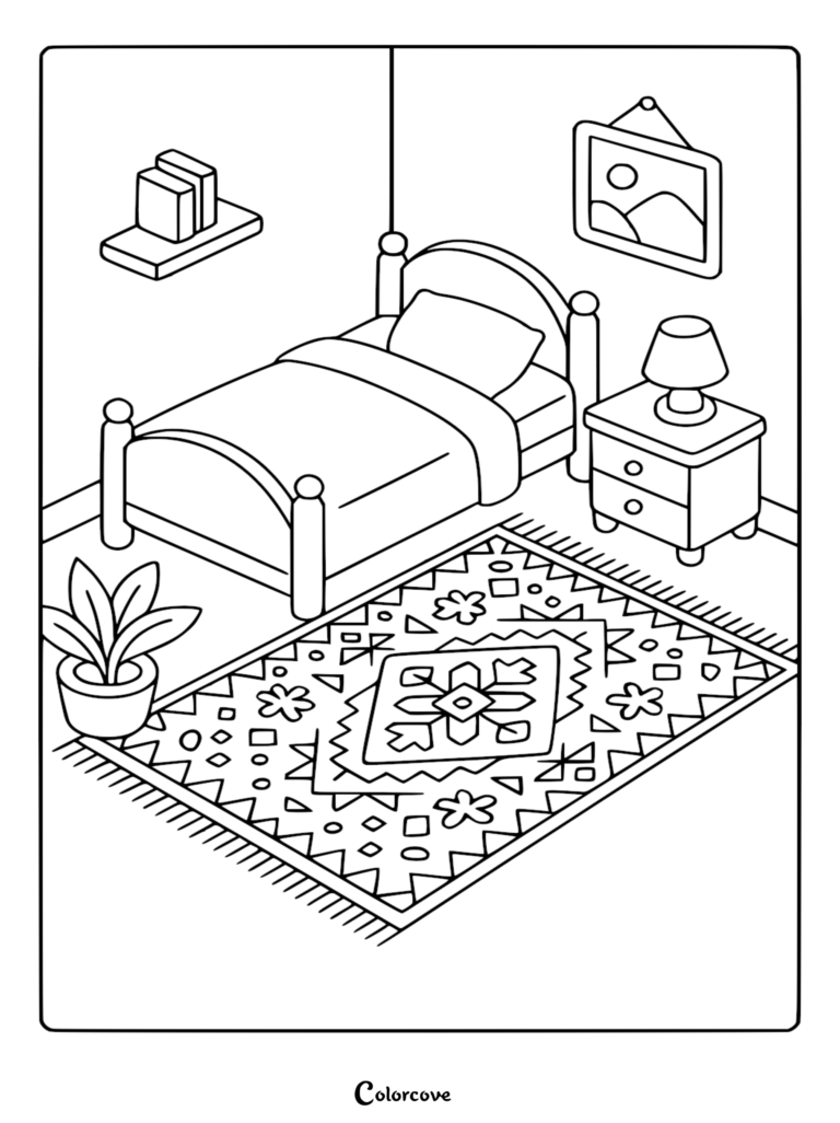 A cozy bedroom coloring page featuring an isometric bed, a patterned rug, a nightstand with a lamp, a wall shelf with books, and a potted plant.