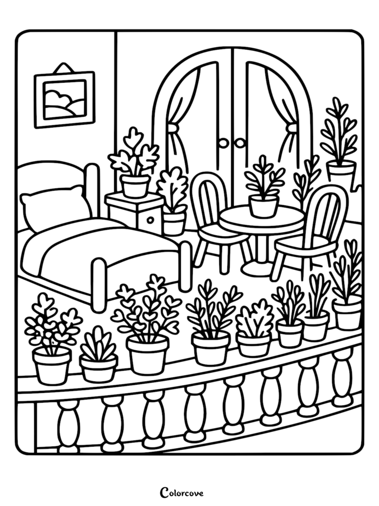 A cozy bedroom coloring page featuring a bed, a small table with two chairs, and numerous potted houseplants arranged on a balcony railing.