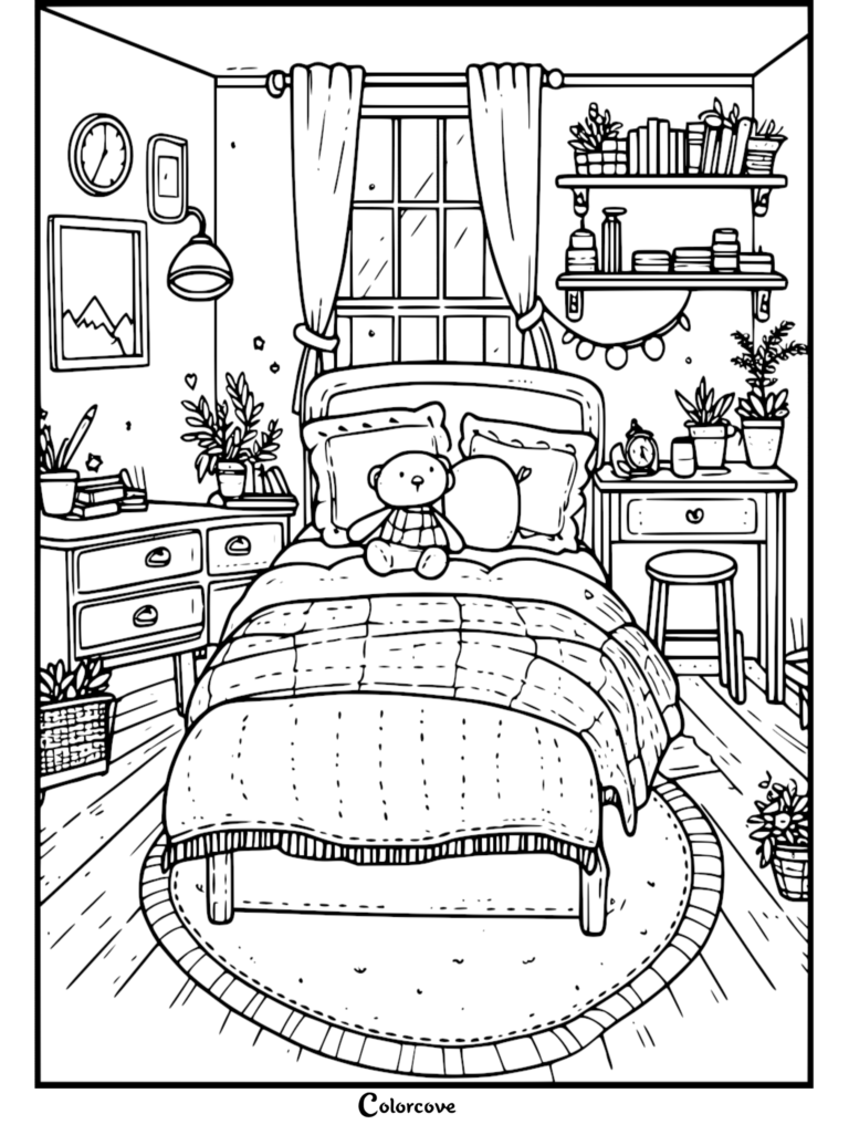 A detailed coloring page of a cozy bedroom featuring a bed with a teddy bear, a window with curtains, wall shelves filled with books and plants, and a bedside table with a lamp.