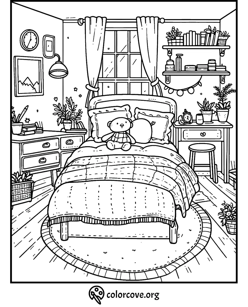 Cozy bedroom coloring page with a bed, teddy bear, plants, and a window view. Perfect for relaxation and creativity.