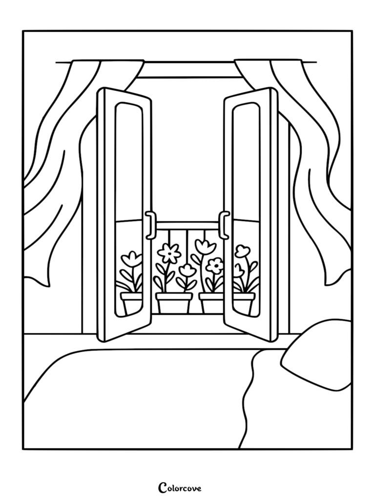 A cozy bedroom coloring page featuring an open window with flowing curtains and potted flowers on a balcony railing.