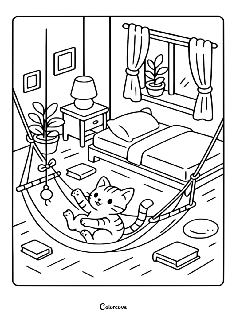 A cute tabby kitten playing with a hanging toy inside a hammock in a cozy bedroom coloring page with a bed, nightstand, and potted plants.