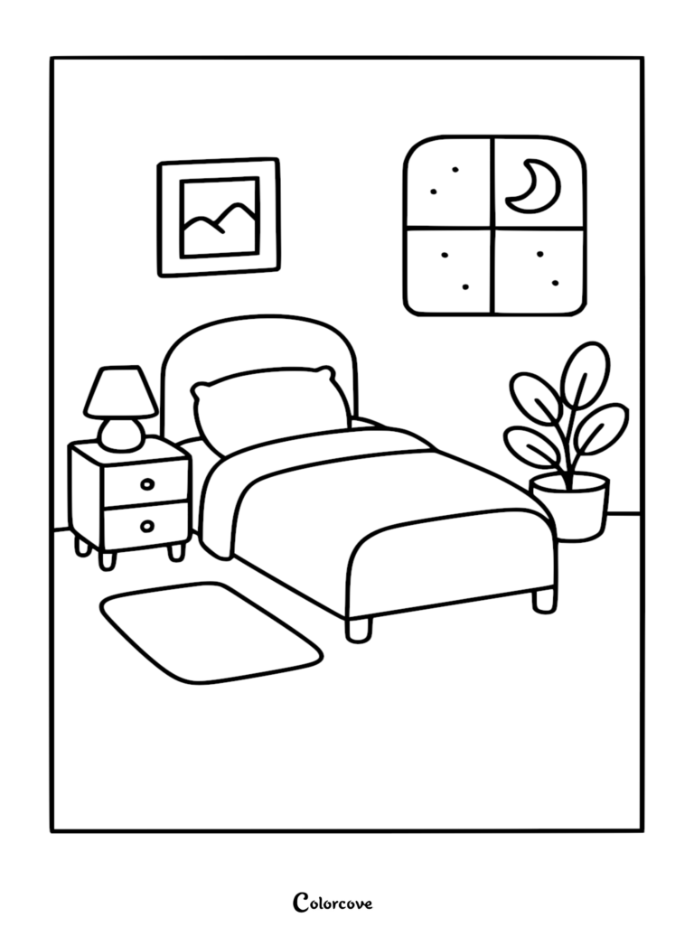 A simple line art coloring page of a cozy bedroom featuring a bed, nightstand with a lamp, a potted plant, and a window showing a crescent moon and stars.