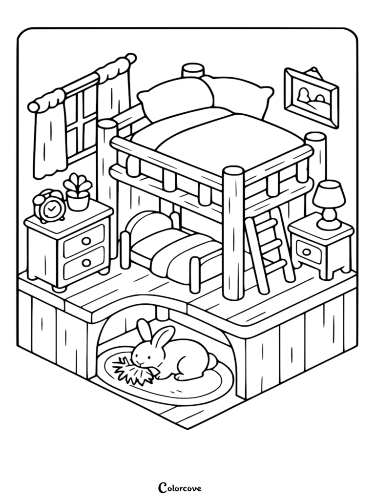 bunny eats in a den beneath a bunk bed.