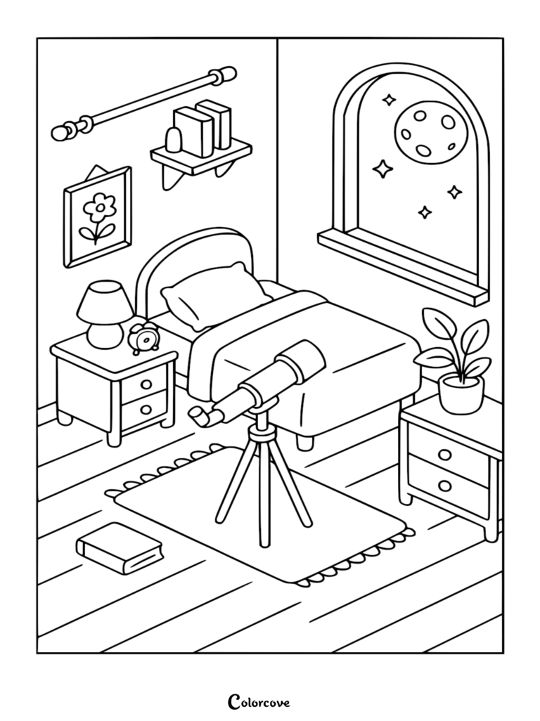 A cozy bedroom coloring page featuring a bed, nightstands, a potted plant, and a telescope pointed toward a moonlit window.