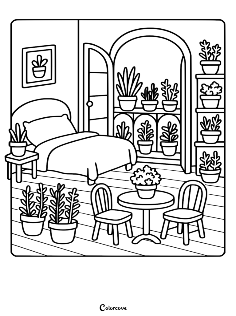 A cozy bedroom coloring page featuring a bed, a small table with two chairs, and numerous potted plants on shelves and the floor.