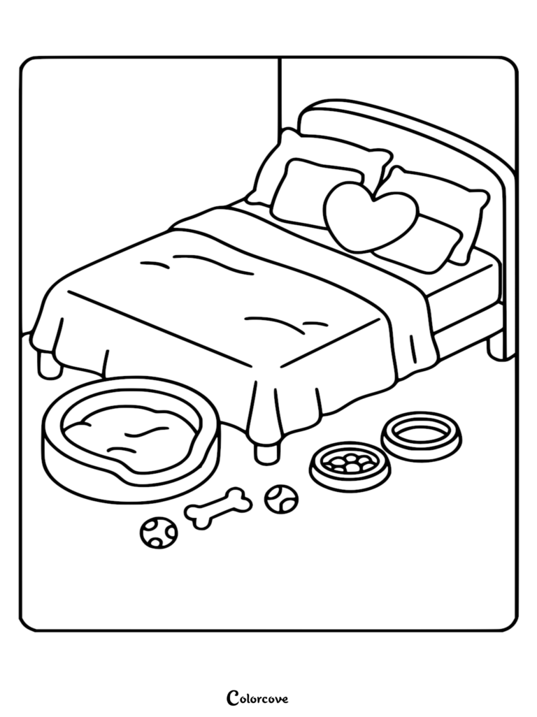 A cozy bedroom coloring page featuring a bed with a heart pillow, a pet bed, food bowls, a bone, and two balls on the floor.