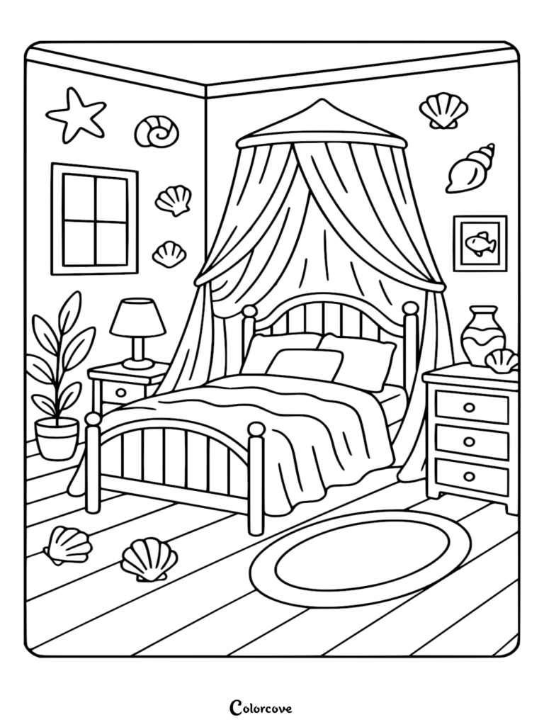 A cozy bedroom coloring page featuring a canopy bed, seashell wall decorations, a potted plant, and a bedside lamp.