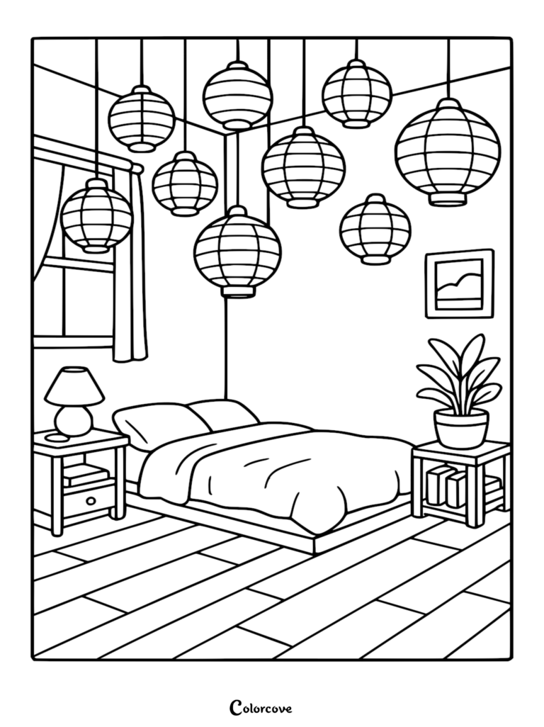 A cozy bedroom coloring page featuring a bed, nightstands, and many hanging paper lanterns from the ceiling.