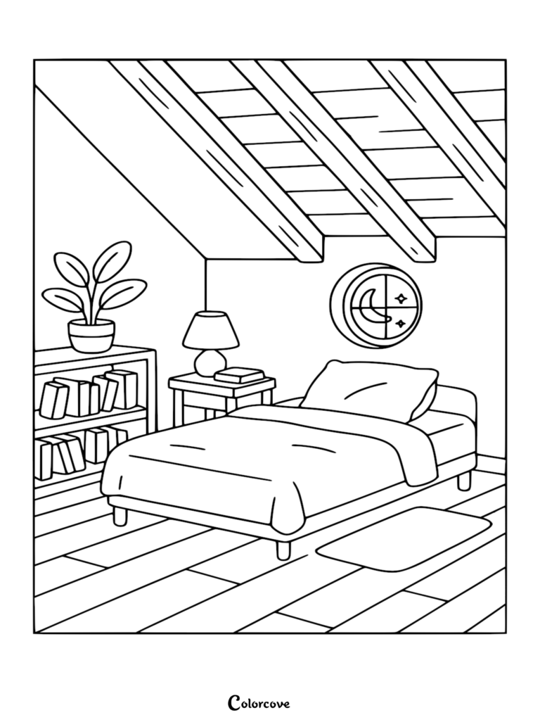 A cozy attic bedroom coloring page featuring a bed, bookshelf with plants, nightstand lamp, and a moon-shaped wall window.