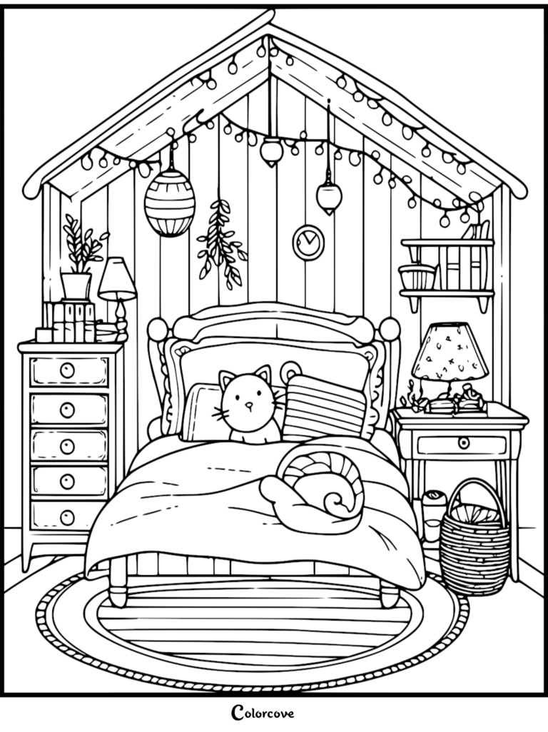 A cute cat resting in a bed within a cozy bedroom featuring string lights, a dresser, and a nightstand in this printable coloring page.