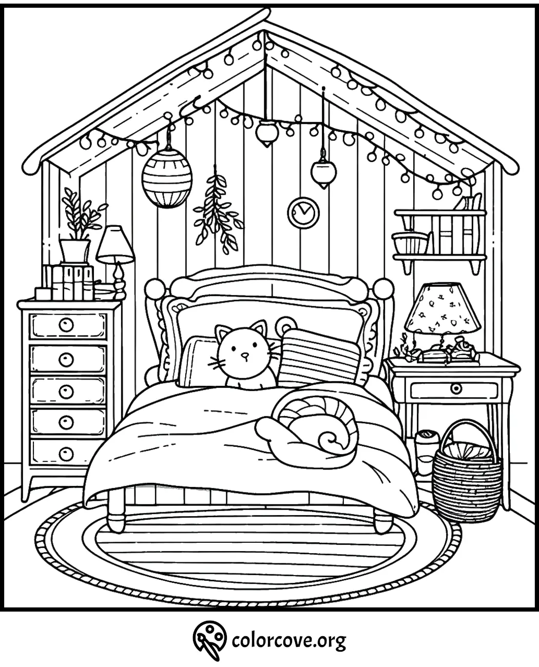 Cozy bedroom coloring page with bed, cat pillow, and string lights in a cottage-style room. Perfect for relaxation.