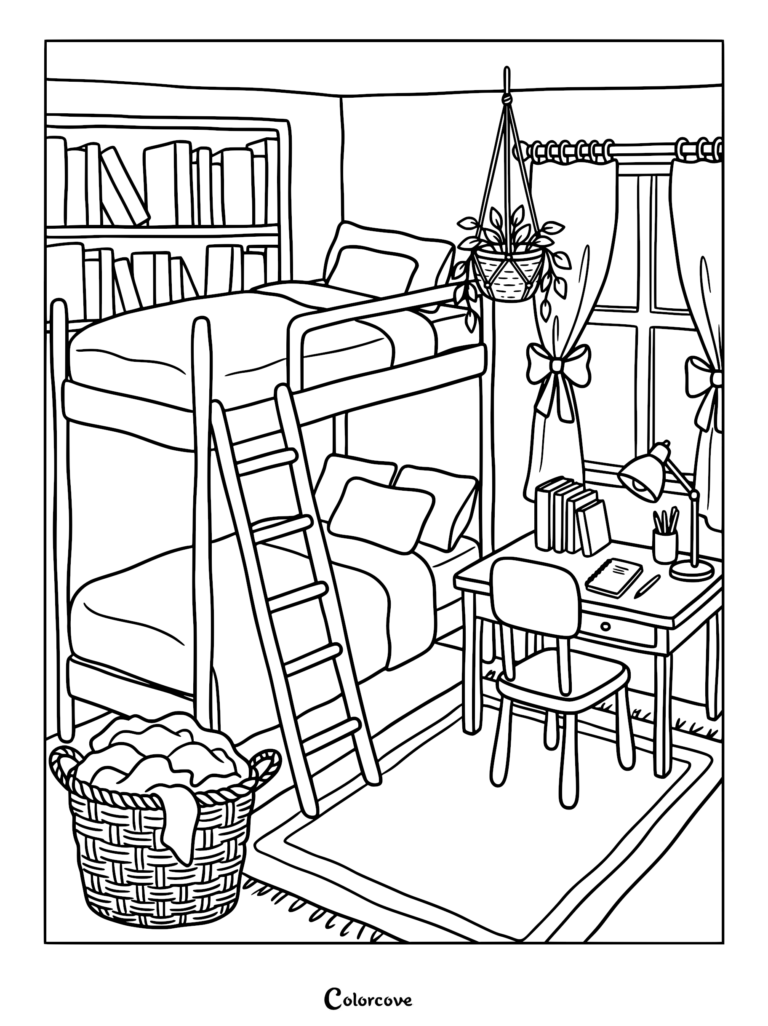 A cozy bedroom coloring page featuring a bunk bed, a desk with a lamp, a bookshelf, and a laundry basket.