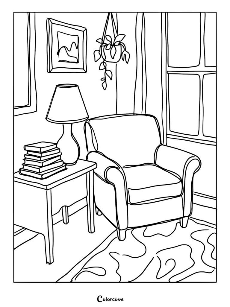 A line art coloring page featuring a comfortable armchair next to a side table with a stack of books, a lamp, a hanging plant, and a framed picture.