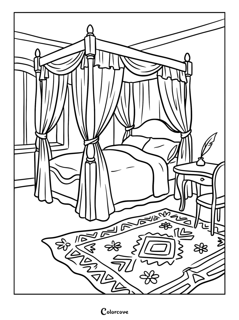 A detailed coloring page of a cozy bedroom featuring a four-poster canopy bed, a patterned floral rug, and a small writing desk with a quill and inkwell.
