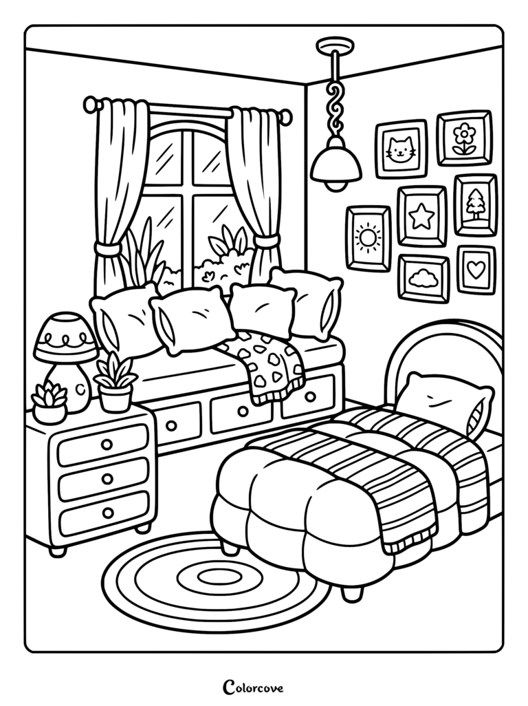 A cozy bedroom coloring page featuring a window seat with pillows, a striped bed, a nightstand with plants, and a gallery wall of framed art.