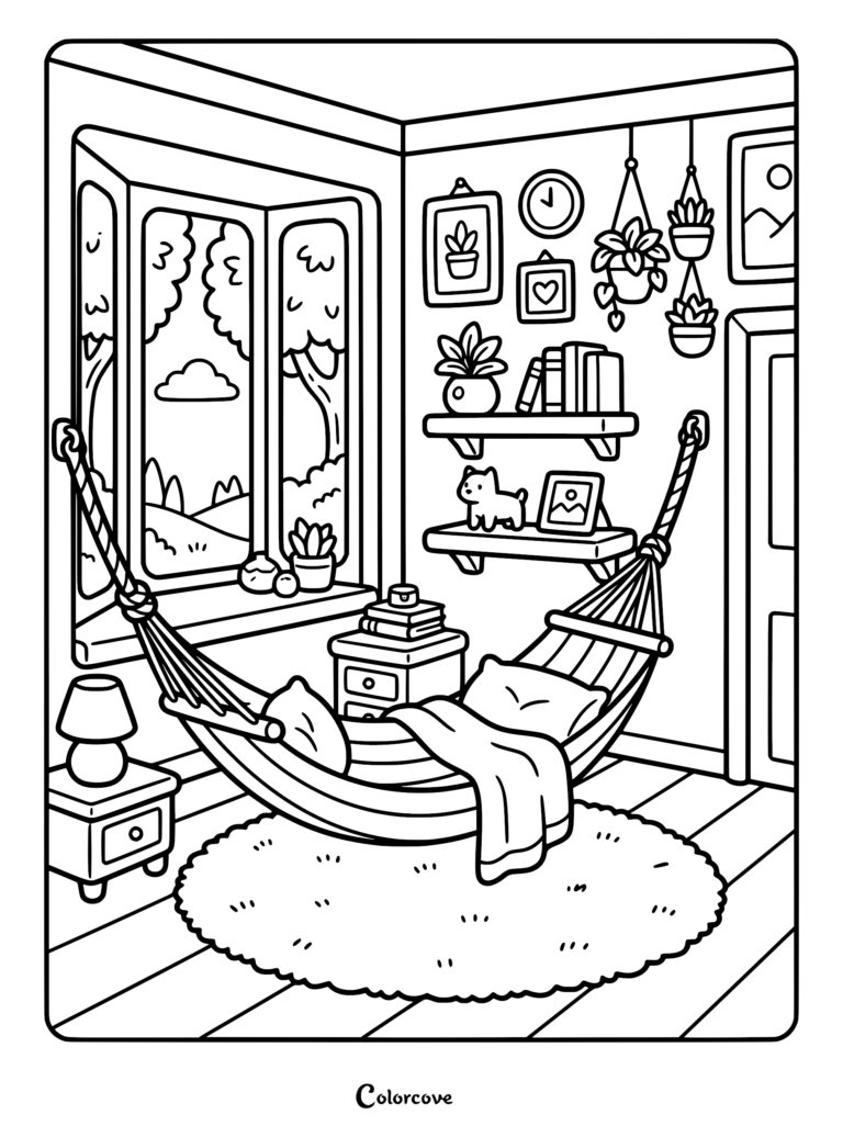 A cozy bedroom coloring page featuring a hammock hanging in front of a window, shelves with plants and a small dog figurine, and a round rug.