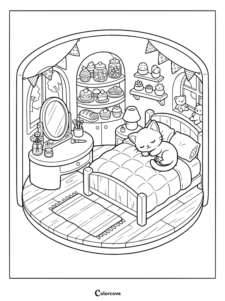 A cozy bedroom coloring page featuring a kitten sleeping on a bed, a vanity with a mirror, and shelves filled with sweets and plants.