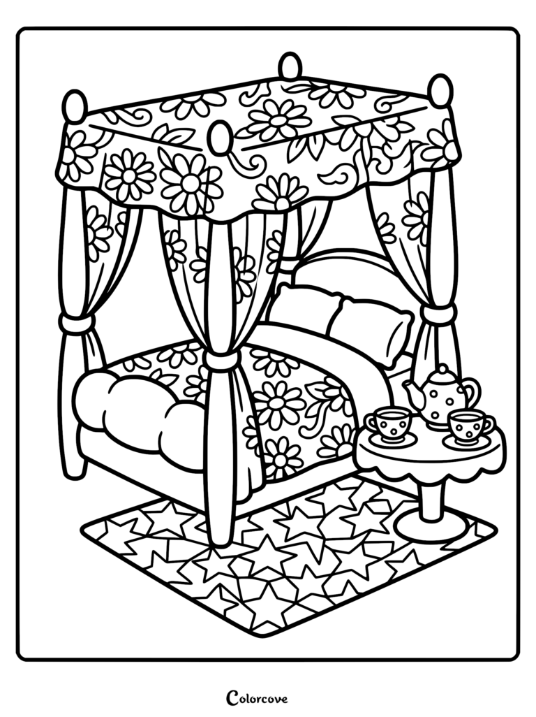 A cozy floral canopy bed with a star-patterned rug and a small tea set on a side table in this printable coloring page.