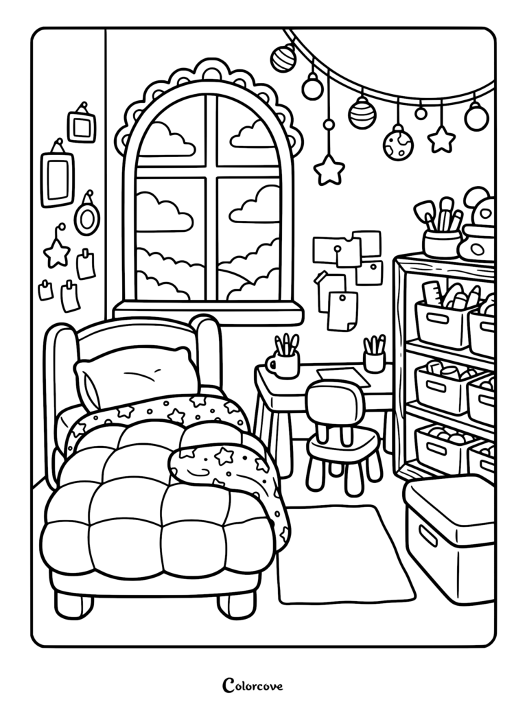 A cozy bedroom coloring page featuring a bed with a star-patterned quilt, a desk with stationery, a bookshelf with storage bins, and hanging star and moon decorations near an arched window.