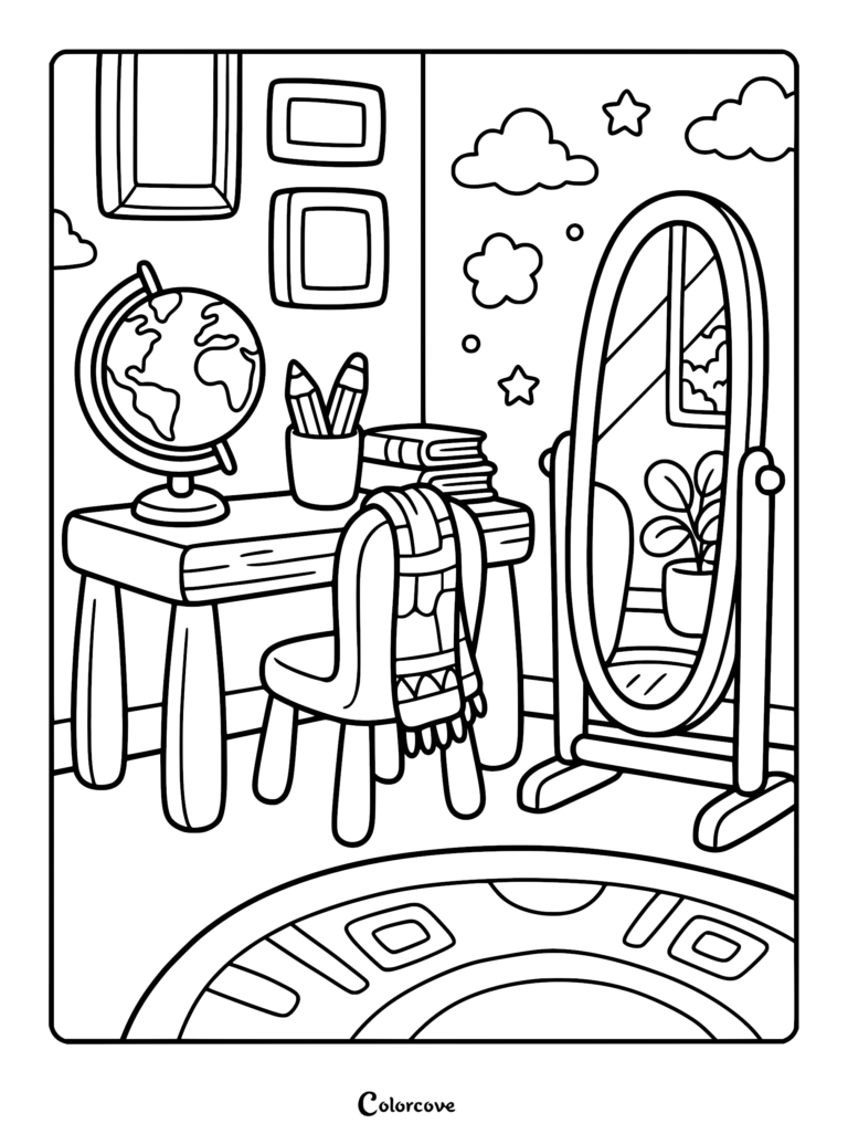 Cozy bedroom coloring page featuring a desk with a globe, pencils, books, a chair with a blanket, and a floor mirror.