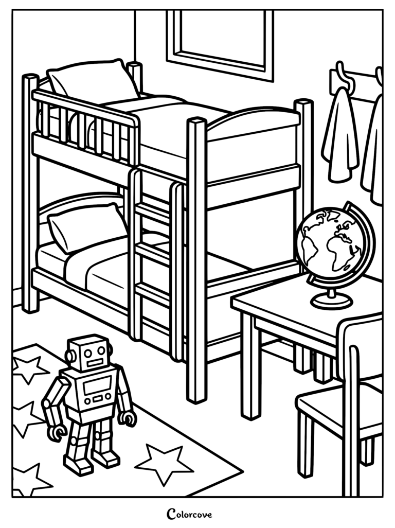 A cozy bedroom coloring page featuring a wooden bunk bed, a desk with a globe, and a toy robot standing on a star-patterned rug.