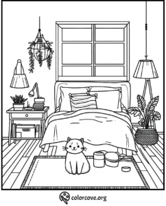 Cozy bedroom coloring page with a cat on a rug, surrounded by plants and pillows. Perfect for relaxation and creativity.