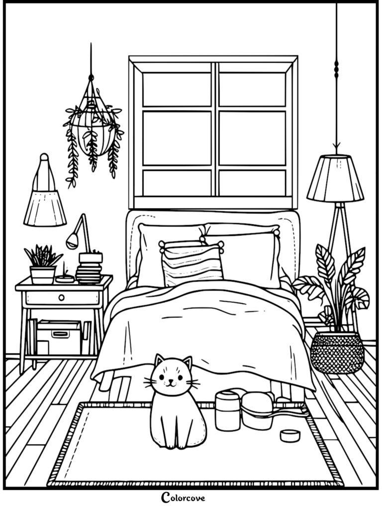 A cozy bedroom coloring page featuring a cute cat sitting on a rug in front of a bed, with a window, hanging plant, and floor lamp.