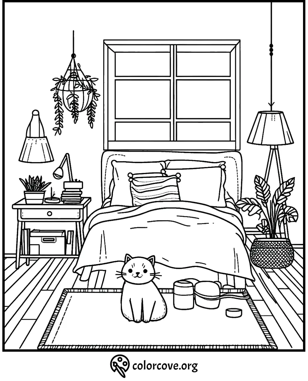 Cozy bedroom coloring page with a cat on a rug, surrounded by plants and pillows. Perfect for relaxation and creativity.