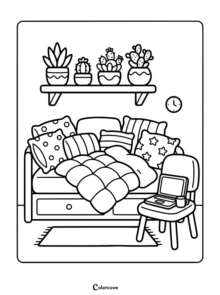 A cozy bedroom coloring page featuring a daybed piled with patterned pillows, a shelf of potted cacti, and a laptop on a chair.