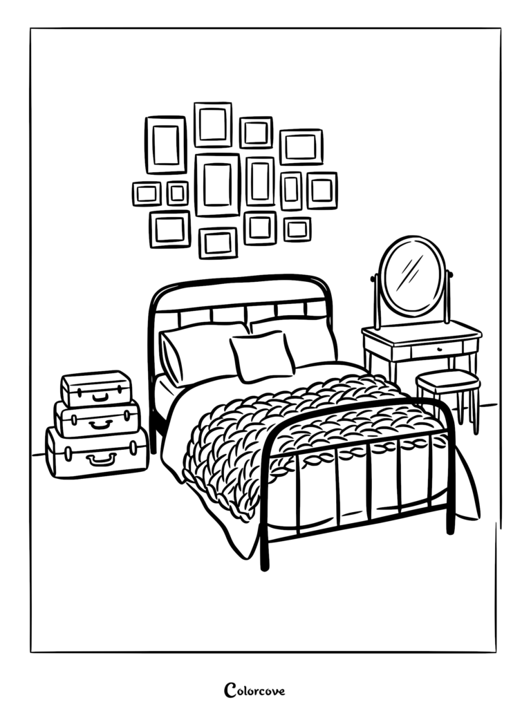A cozy bedroom coloring page featuring a metal bed frame with a chunky knit blanket, a stack of vintage suitcases, and a gallery wall of picture frames.