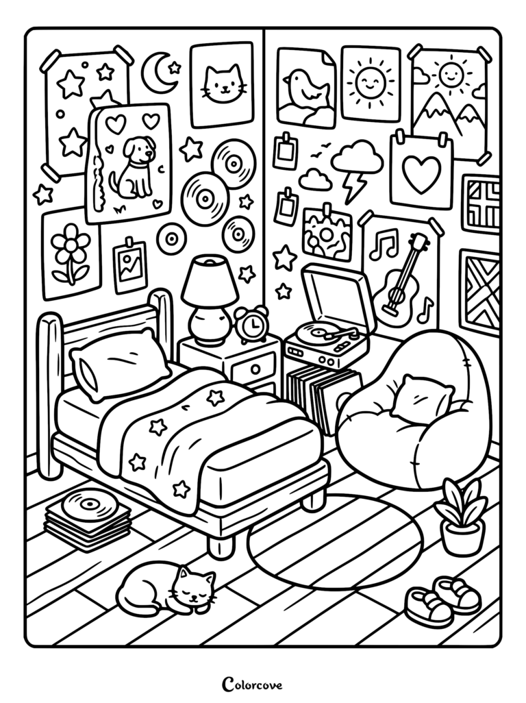 A cozy bedroom coloring page featuring a bed, beanbag chair, record player, and a sleeping cat surrounded by wall posters.