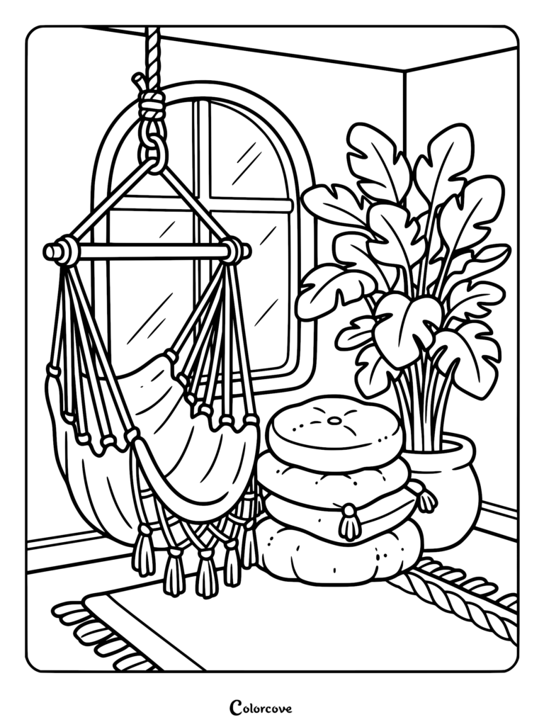A relaxing cozy bedroom coloring page featuring a macrame hanging chair, a stack of floor cushions, and a large potted plant by an arched window.