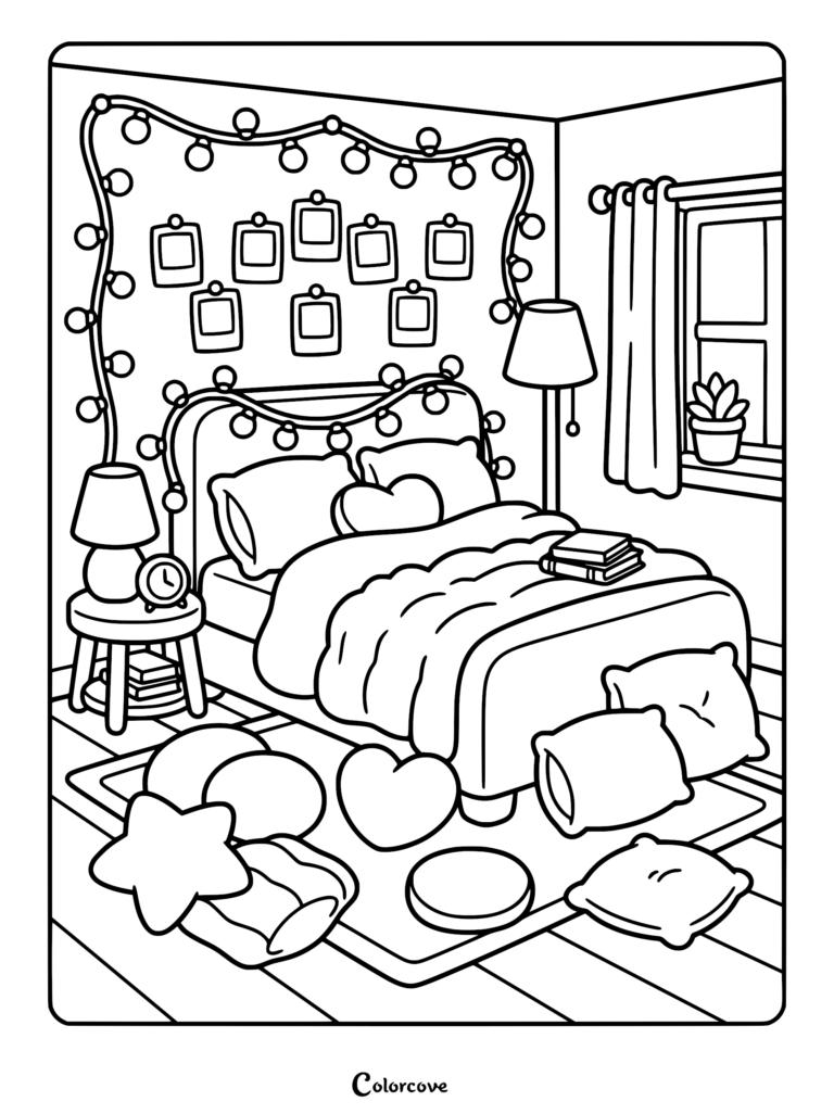 Cozy bedroom coloring page featuring a bed with string lights, polaroid photos on the wall, and various floor pillows.