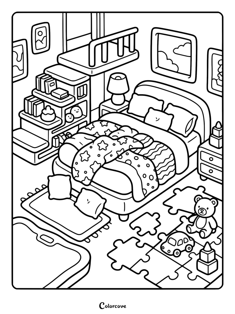 A cozy bedroom coloring page featuring a bed with star-patterned blankets, a loft area, bookshelves, a teddy bear, and puzzle pieces on the floor.
