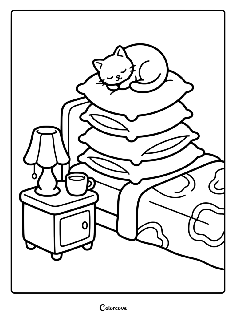 A cute kitten sleeping on a stack of pillows next to a nightstand with a lamp and mug in this cozy bedroom coloring page.