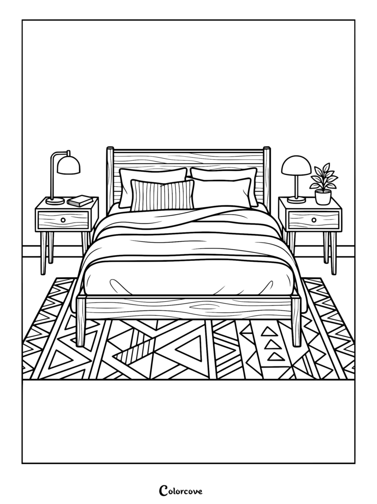 A cozy bedroom coloring page featuring a wooden bed frame, two nightstands with lamps, a potted plant, and a geometric patterned rug.