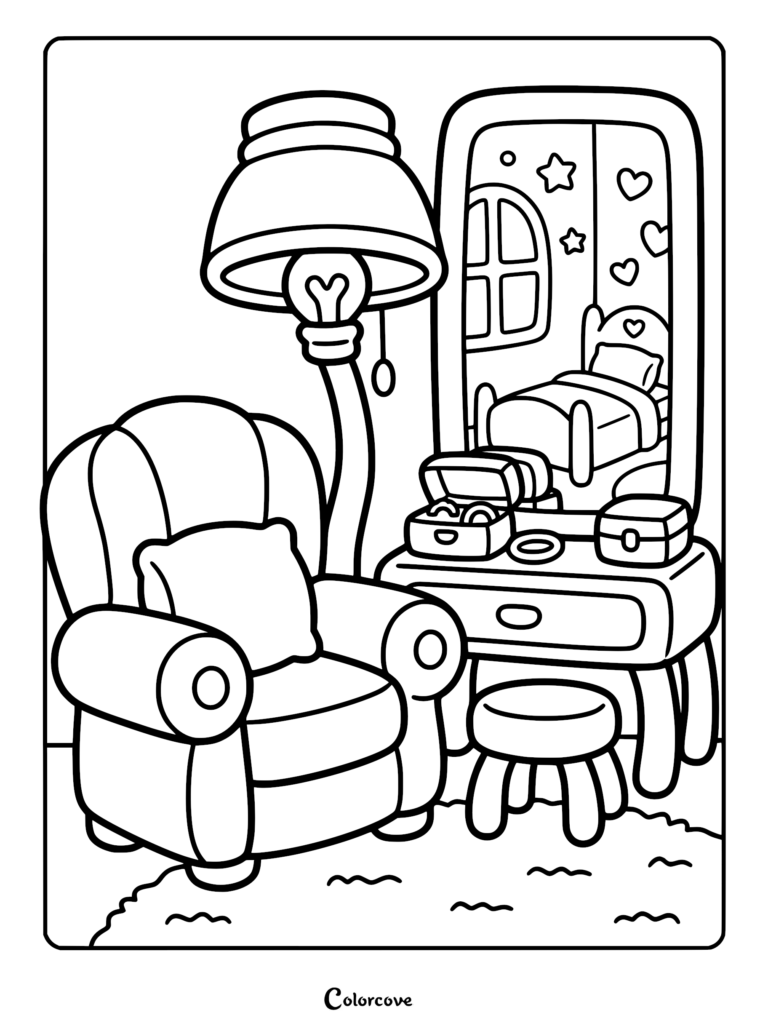 A cozy bedroom coloring page featuring a plush armchair, a floor lamp with a heart-shaped bulb, and a vanity mirror reflecting a bed with star and heart wall decorations.