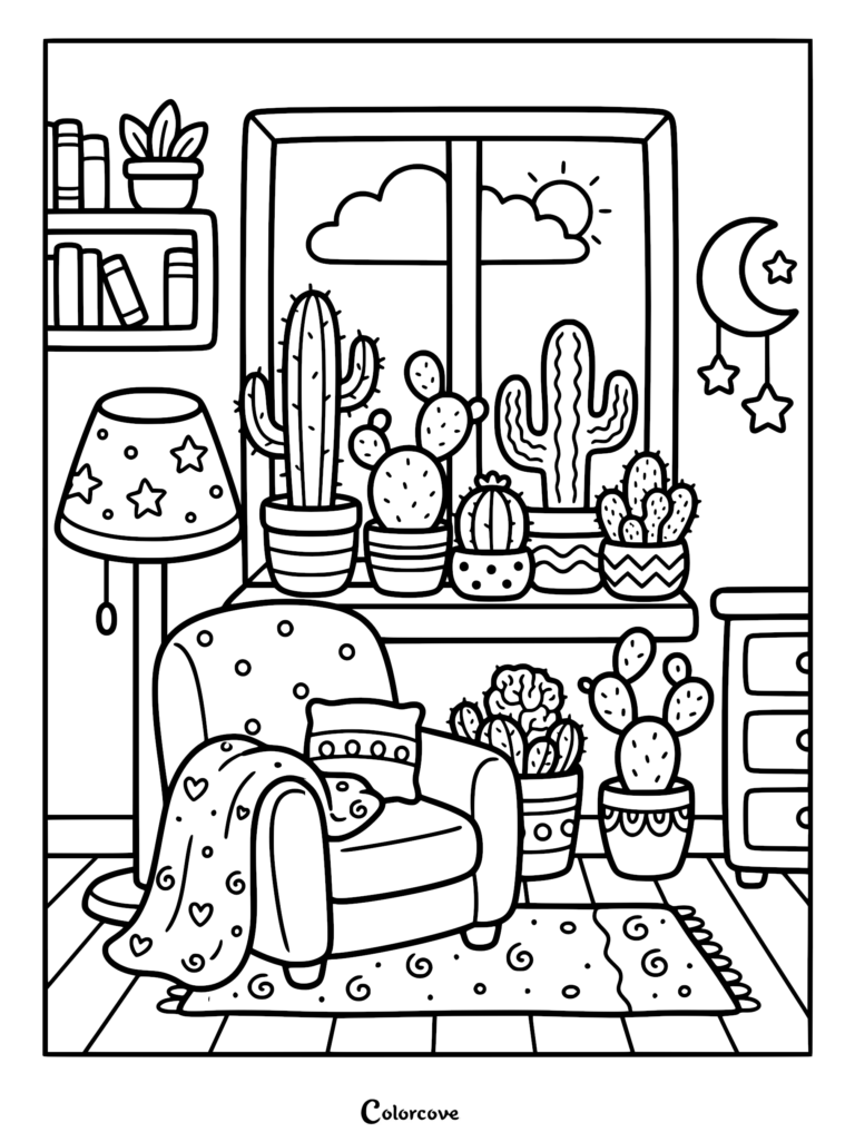 A cozy bedroom coloring page featuring a comfortable armchair with a heart-patterned blanket, a window sill filled with various potted cacti, a star-patterned floor lamp, and a crescent moon wall hanging.