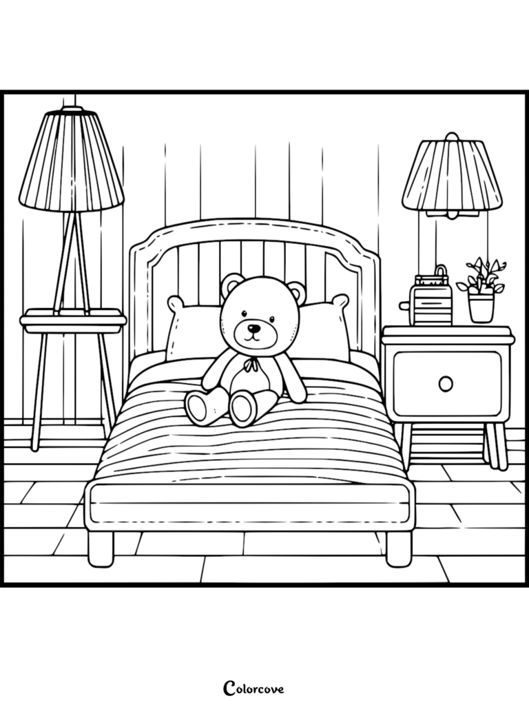 A cozy bedroom coloring page featuring a teddy bear sitting on a bed between two bedside tables with lamps and a small potted plant.