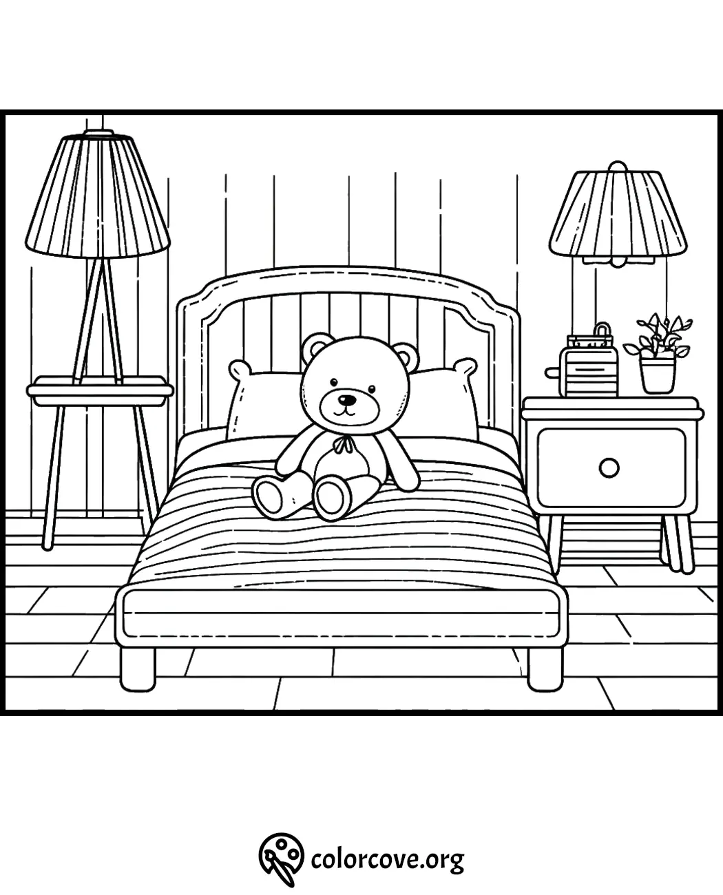 Cozy bedroom coloring page with a teddy bear on bed, side tables, and lamps. Perfect for kids and relaxation activities.