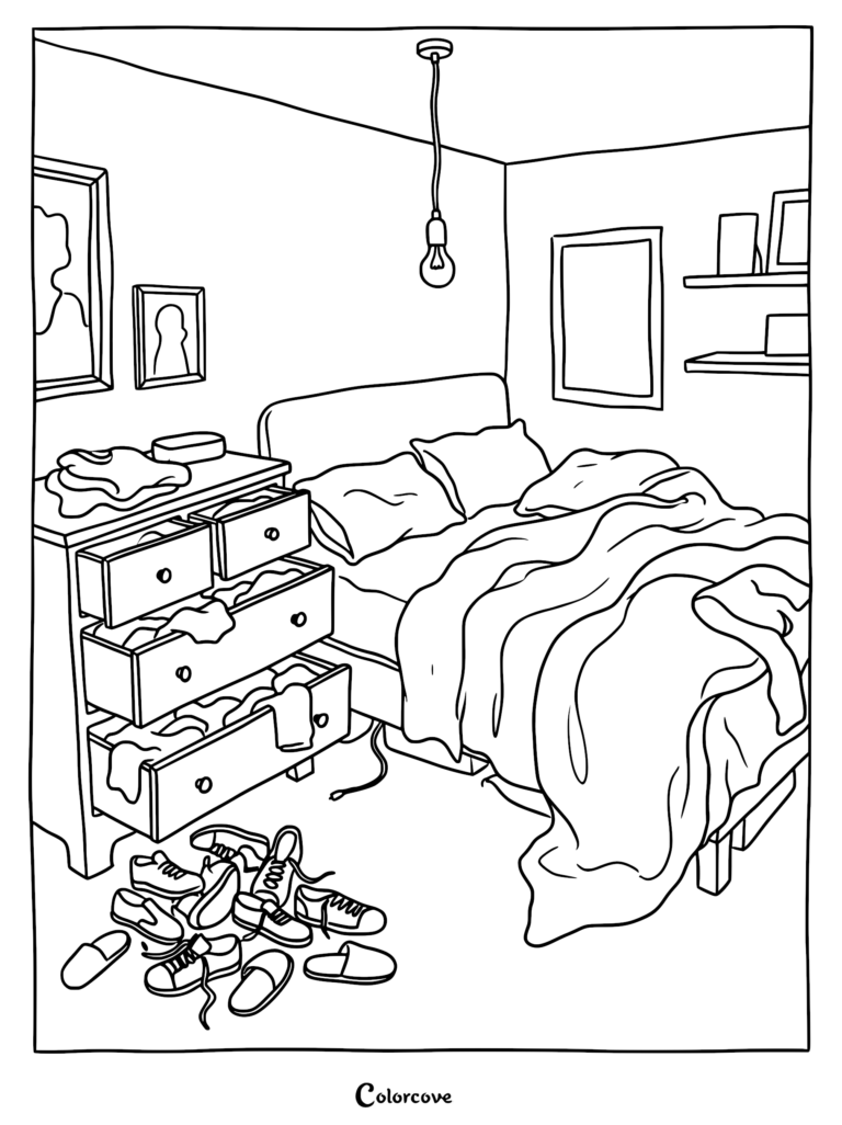 A line art coloring page of a cozy bedroom featuring an unmade bed, a dresser with open drawers overflowing with clothes, and a pile of scattered shoes on the floor under a hanging lightbulb.