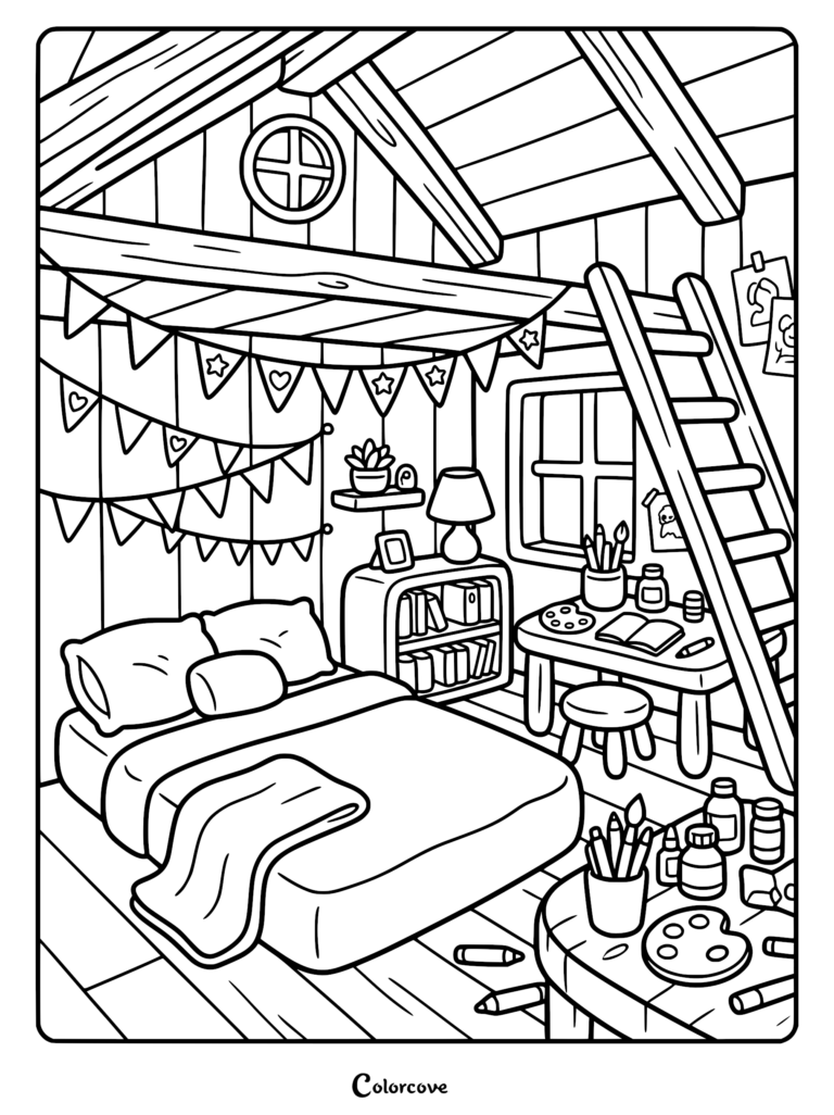 A cozy attic bedroom coloring page featuring a bed, a ladder leading to a loft, bunting flags, and art supplies on a desk.