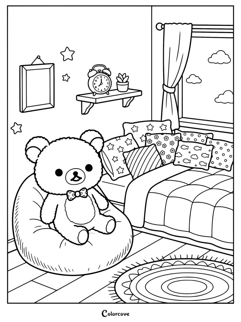 Rilakkuma wearing a bowtie sitting in a beanbag chair in a cozy bedroom coloring page with a bed, alarm clock, and window view.