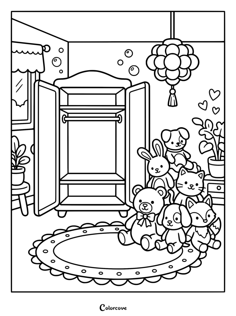 A coloring page featuring a group of cute stuffed animals including a teddy bear, bunny, puppy, kitten, and fox sitting on a round rug in a bedroom with an open wardrobe.