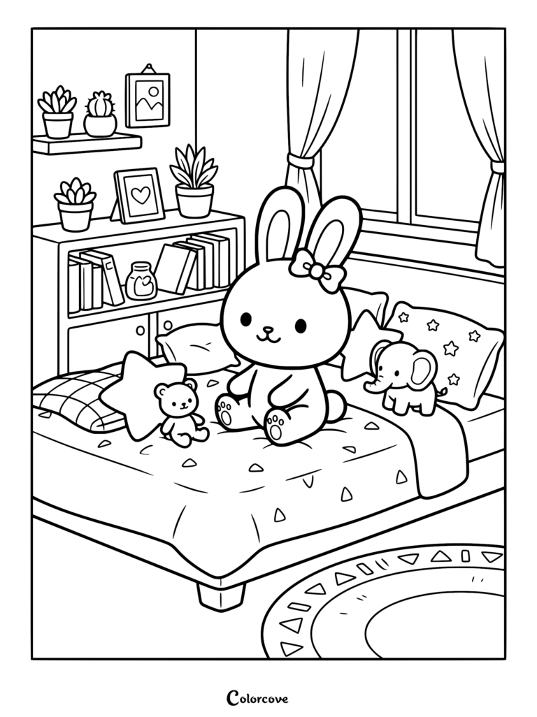A cute bunny with a bow sitting on a bed with a teddy bear and elephant plushie in a cozy bedroom coloring page.