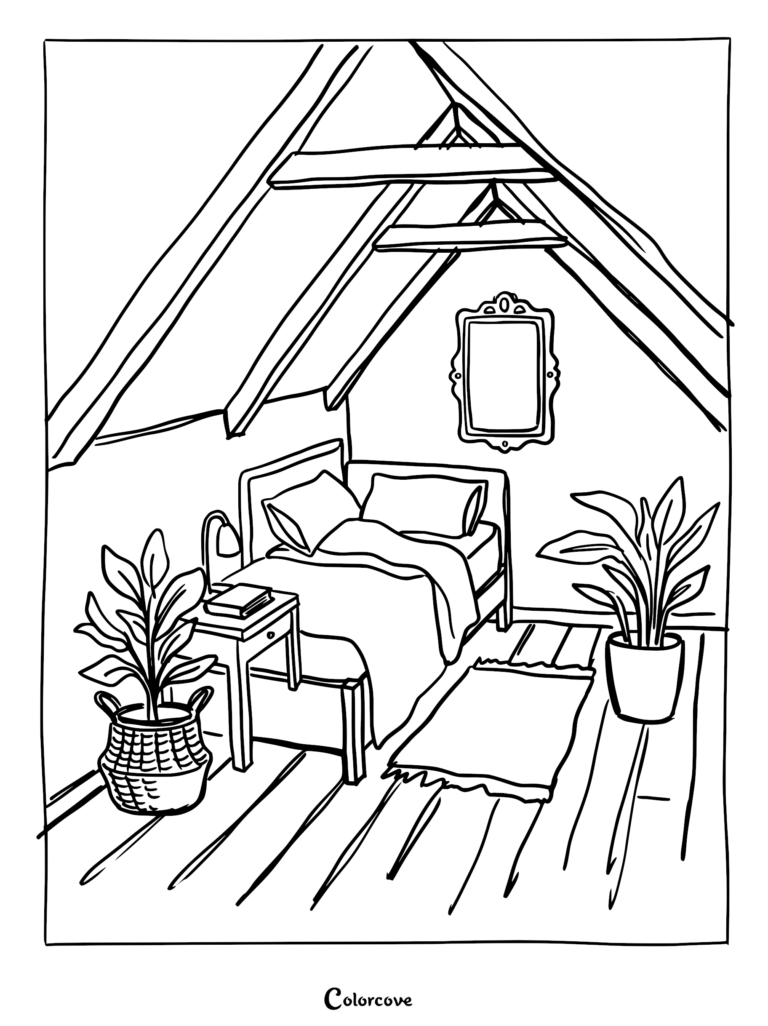 A cozy attic bedroom coloring page featuring a bed with pillows, a nightstand with a lamp, a framed mirror, and two potted plants on a wooden floor.