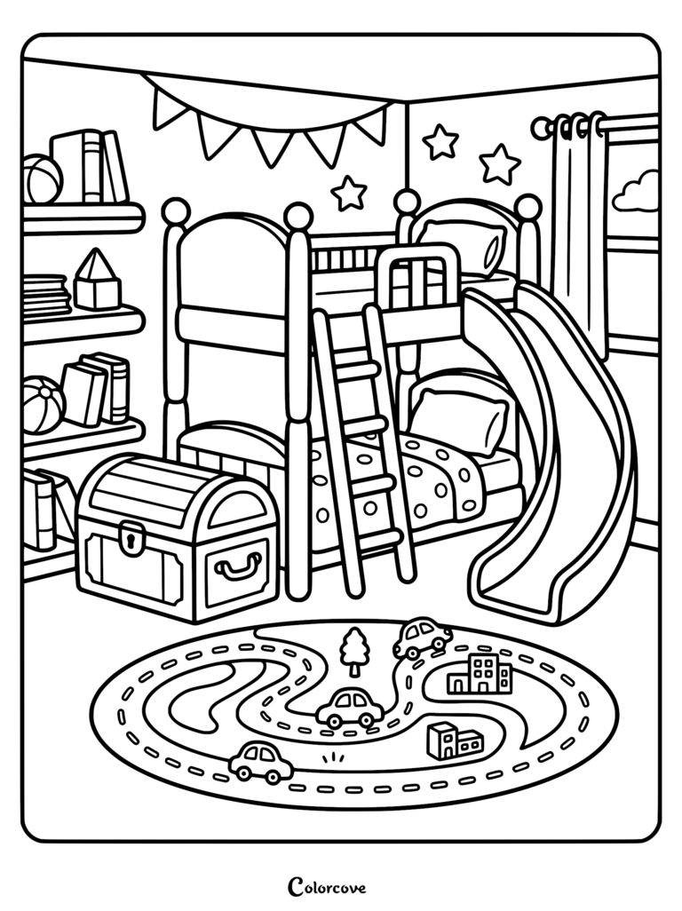 A cozy bedroom coloring page featuring a bunk bed with an attached slide, a toy chest, wall bunting, and a circular rug with a road and car pattern.